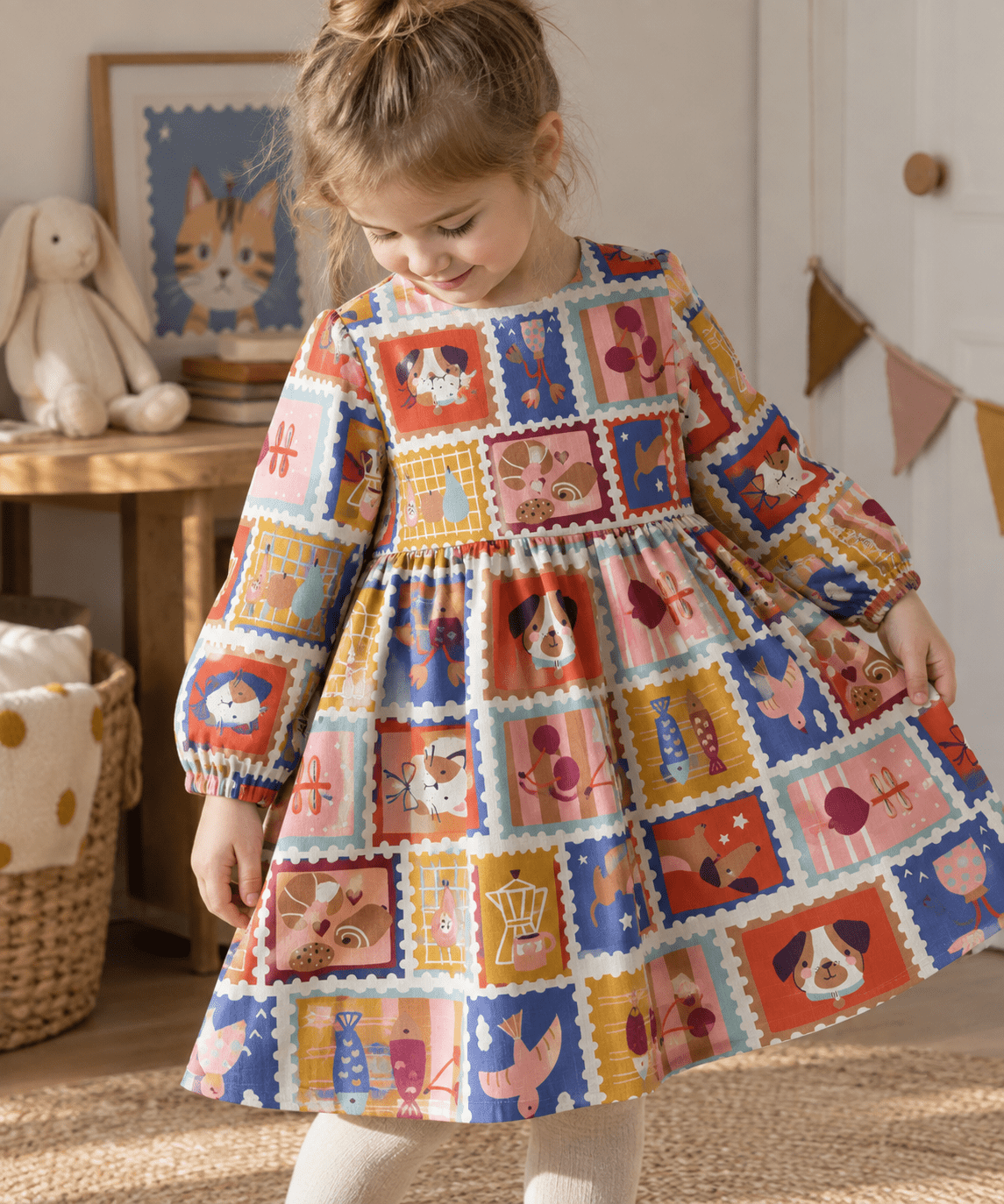 Image of premium 100% cotton fabric - retro postage stamps, available online at Šarlotes audumi