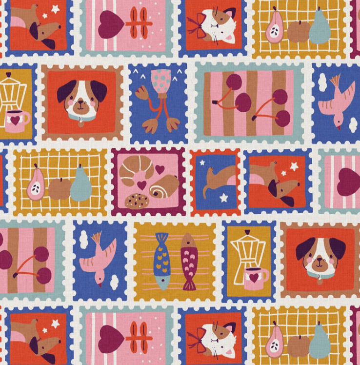 Image of premium 100% cotton fabric - retro postage stamps, available online at Šarlotes audumi