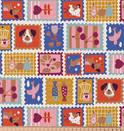 Image of premium 100% cotton fabric - retro postage stamps, available online at Šarlotes audumi