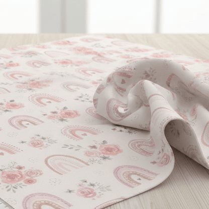Image en tissu 100 % coton Premium - petites roses avec arcs-en-ciel 130 g/m² – disponible chez Šarlotes audumi