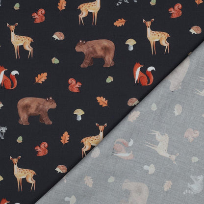 Image of premium 100% cotton fabric with an autumn motif on dark blue — available online at Charlotte Fabrics