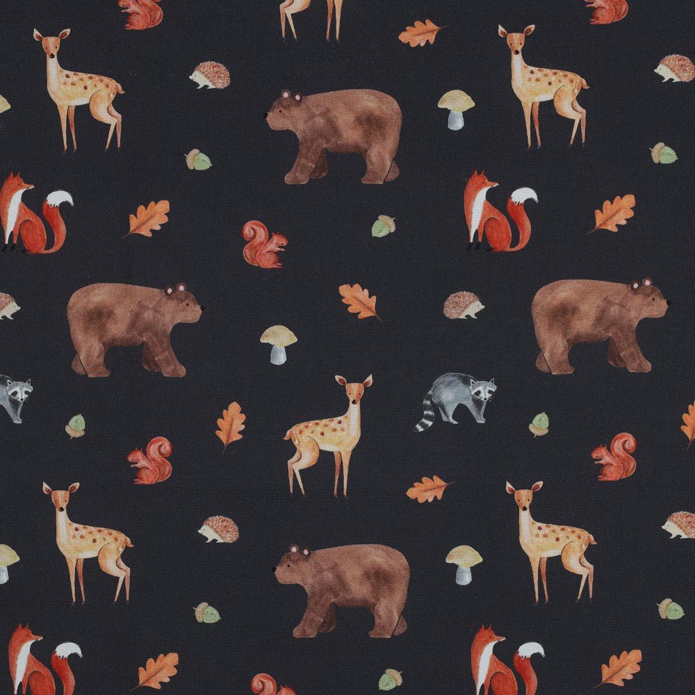 Image of premium 100% cotton fabric with an autumn motif on dark blue — available online at Charlotte Fabrics