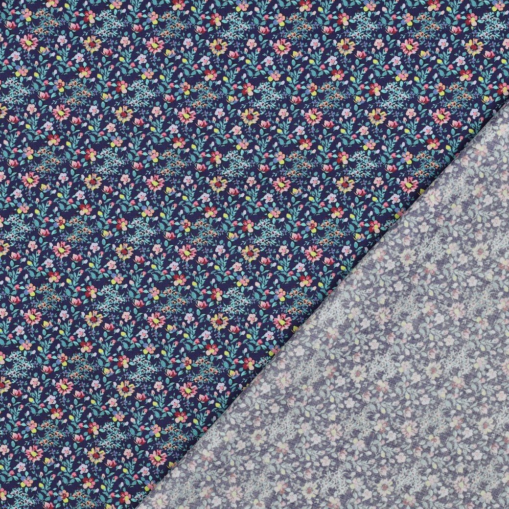Image of Premium 100% cotton fabric with delicate flowers on dark blue – available online at Šarlotes audumi