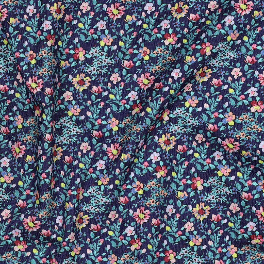 Image of Premium 100% cotton fabric with delicate flowers on dark blue – available online at Šarlotes audumi