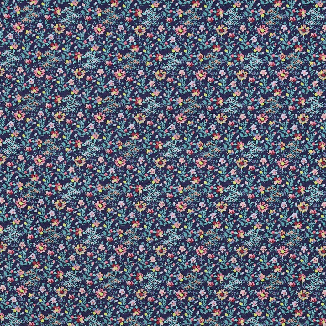 Image of Premium 100% cotton fabric with delicate flowers on dark blue – available online at Šarlotes audumi