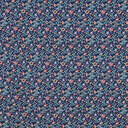 Image of Premium 100% cotton fabric with delicate flowers on dark blue – available online at Šarlotes audumi