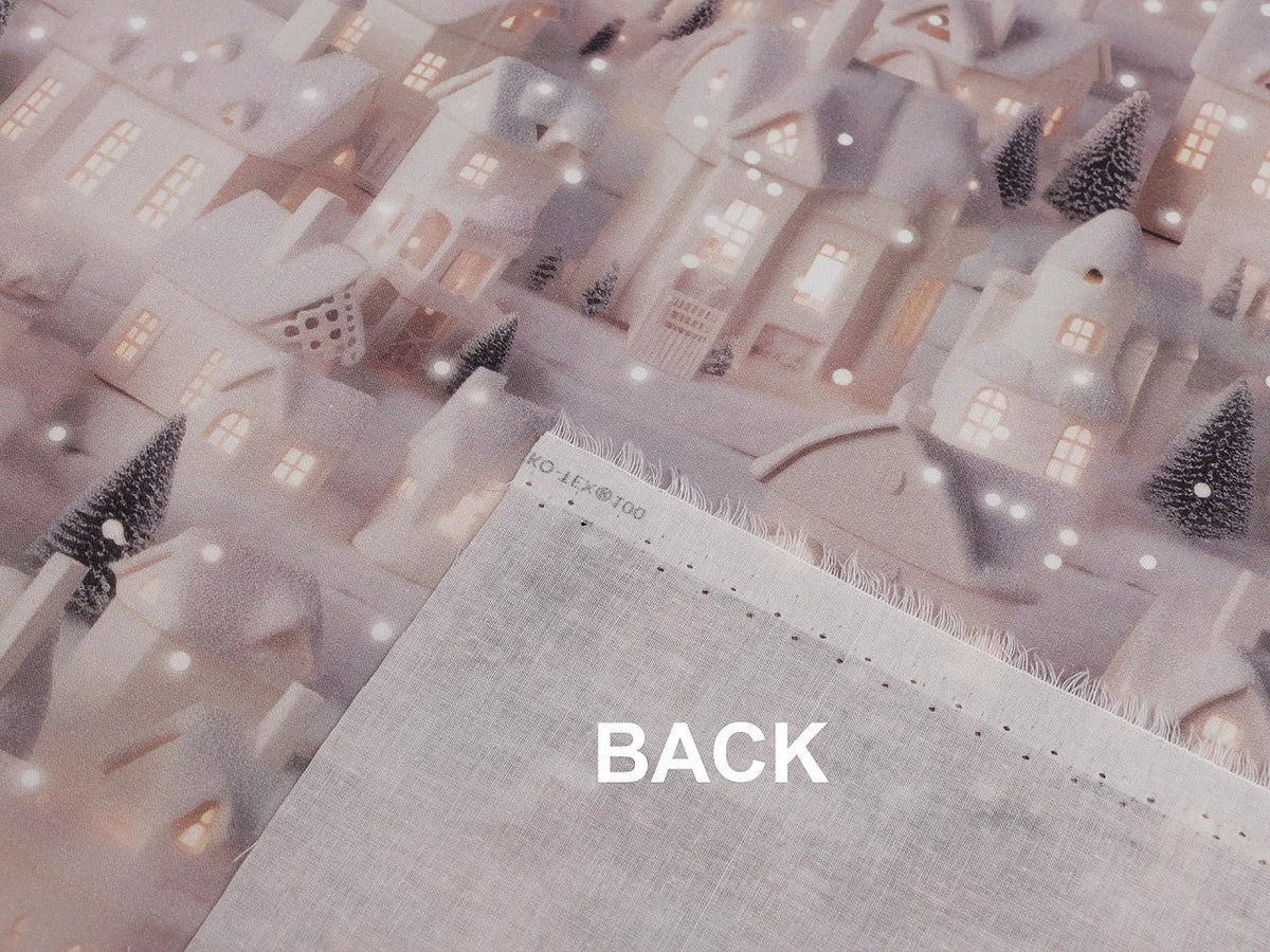 Image of Premium 100% cotton fabric – Snowy Houses, available online at Šarlotes audumi