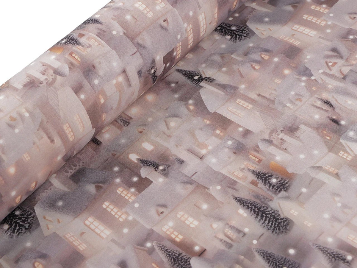 Image of Premium 100% cotton fabric – Snowy Houses, available online at Šarlotes audumi