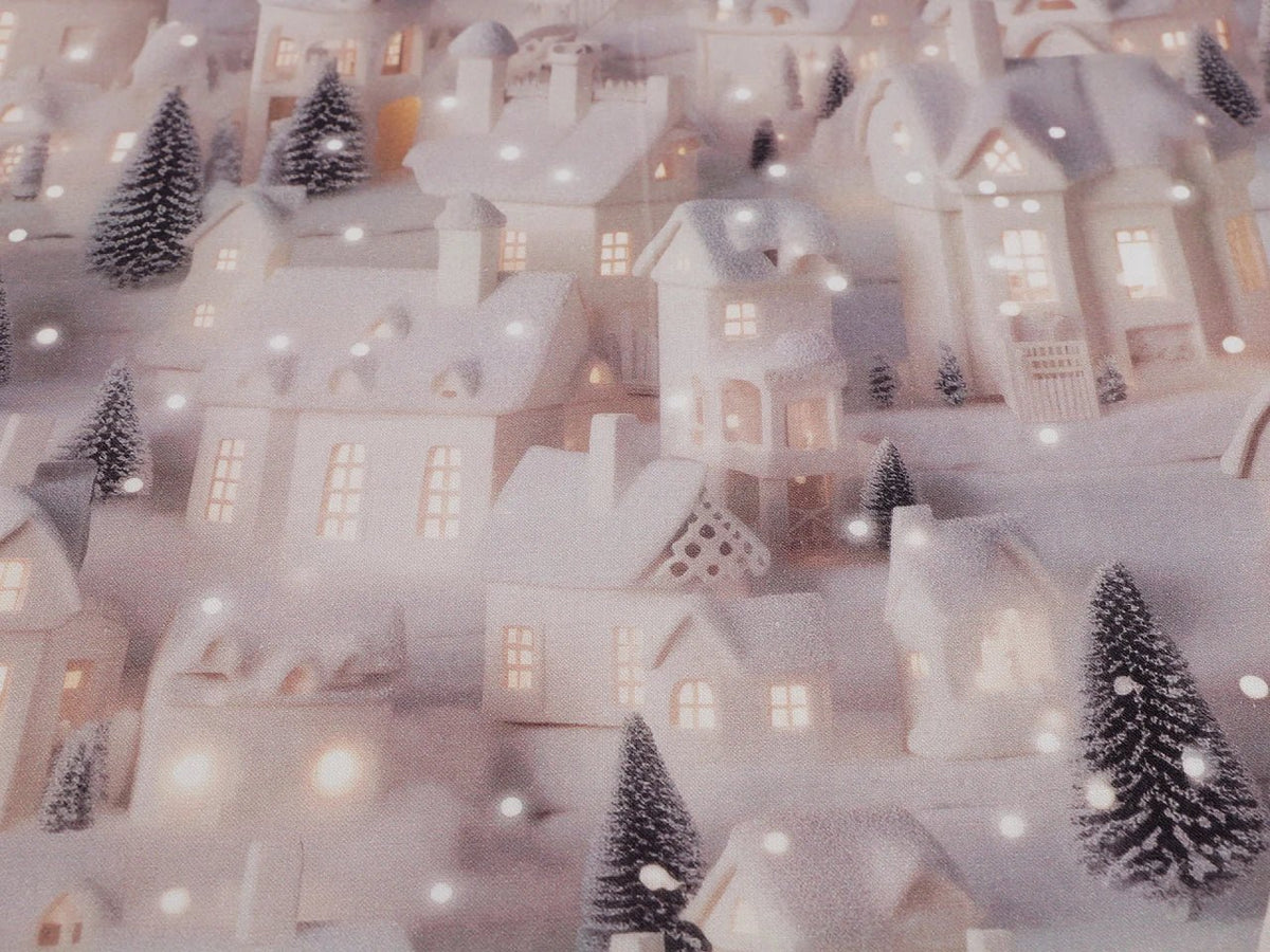 Image of Premium 100% cotton fabric – Snowy Houses, available online at Šarlotes audumi