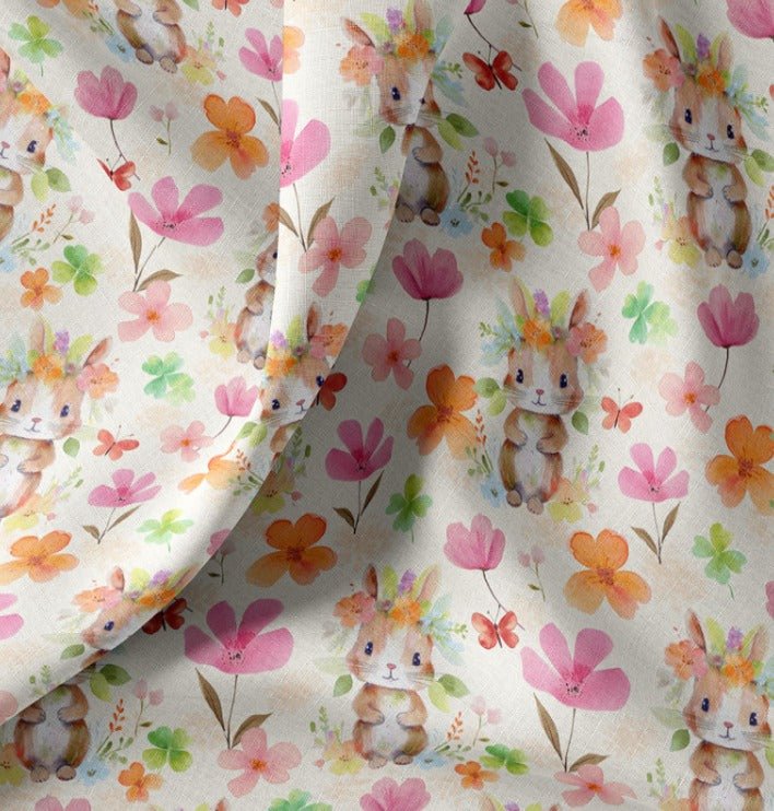 Image of Premium 100% cotton fabric - bunny in flowers 115 g/m² – available at Šarlotes audumi
