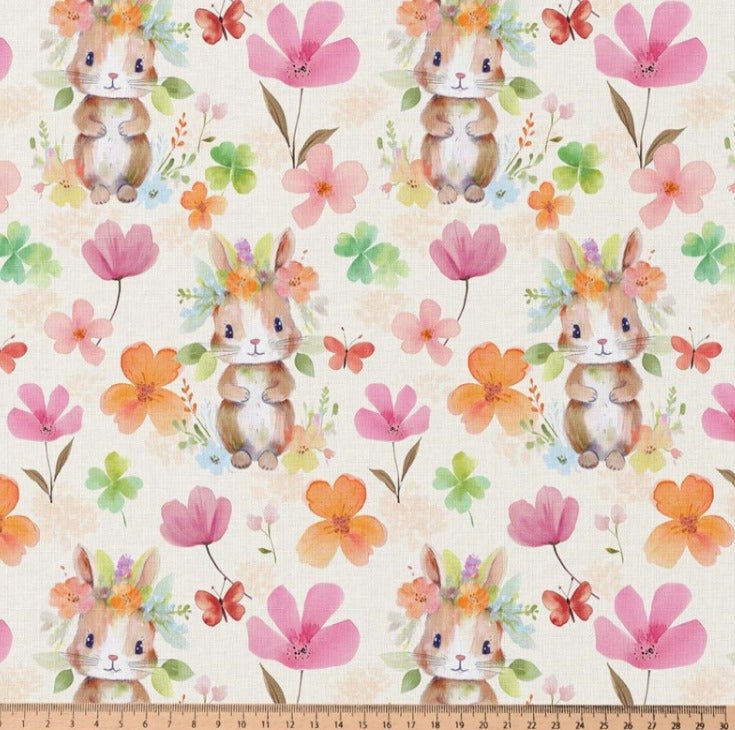 Image of premium 100% cotton fabric - bunny in flowers 115 g/m² – available at Šarlotes audumi