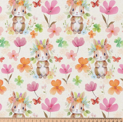 Image of premium 100% cotton fabric - bunny in flowers 115 g/m² – available at Šarlotes audumi