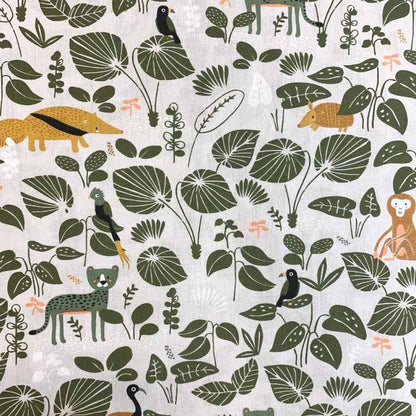 Premium 100% cotton fabric - green tropical leaves with animals 115 g/m²
