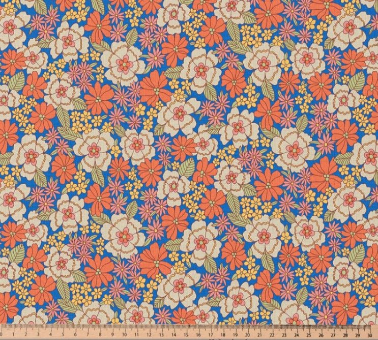 Image with premium 100% cotton fabric - flowers in orange tones 115 g/m² – available at Šarlotes audumi