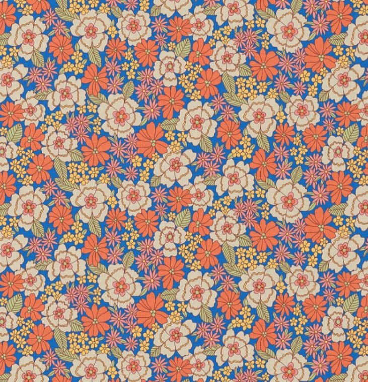 Image of premium 100% cotton fabric with flowers in orange tones, 115 g/m² – available at Šarlotes audumi