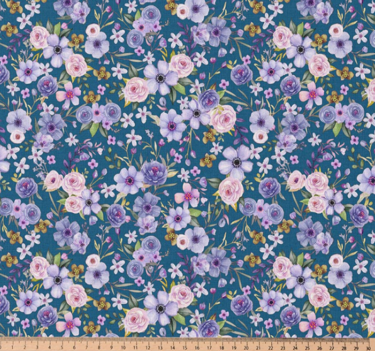 Premium 100% cotton fabric - Flowers on petroleum blue - available online at Šarlotes audumi