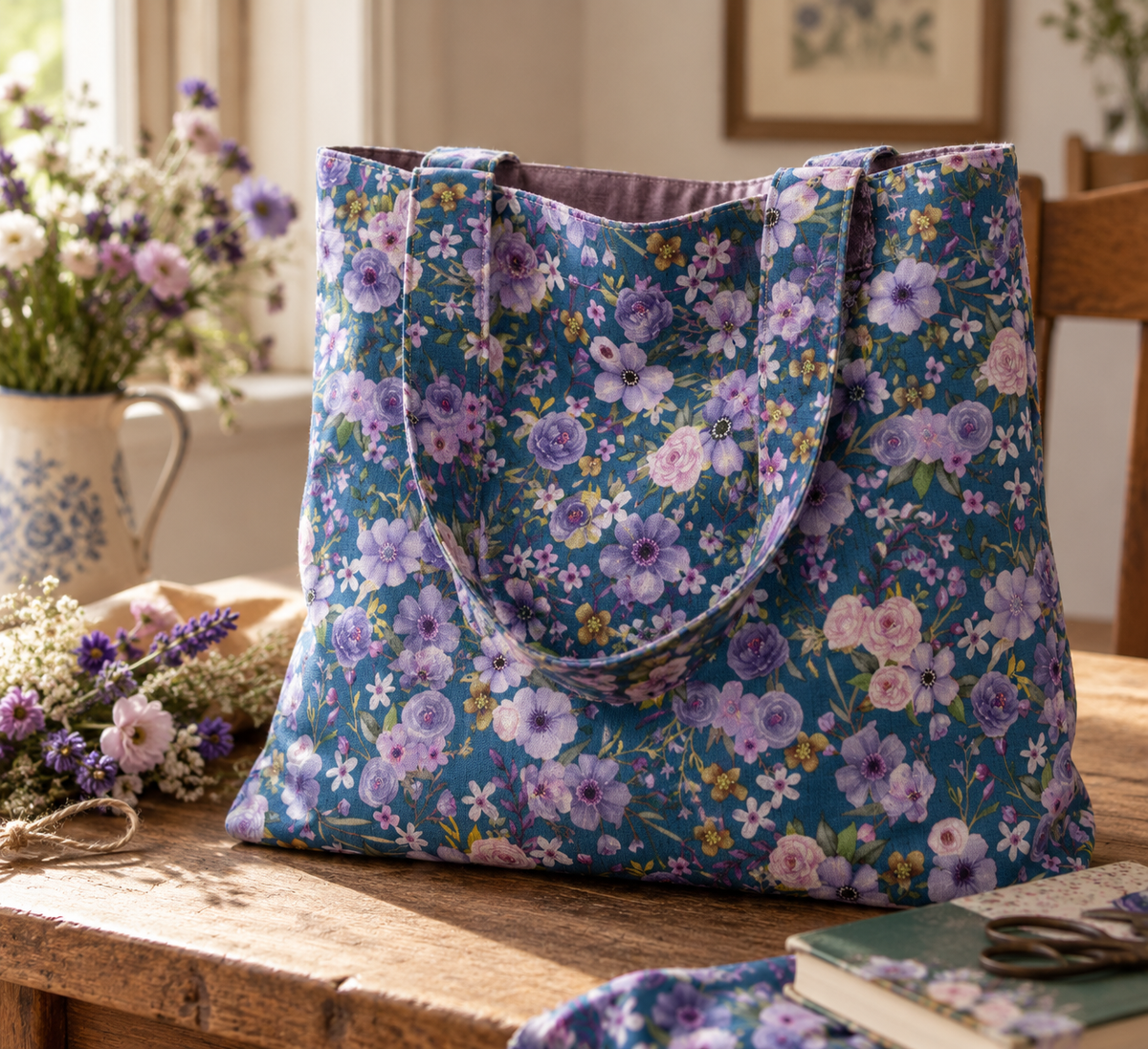 Premium 100% cotton fabric - Flowers on petroleum blue - available online at Šarlotes audumi
