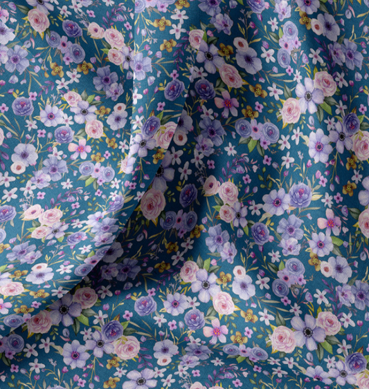 Premium 100% cotton fabric - Flowers on petroleum blue - available online at Šarlotes audumi