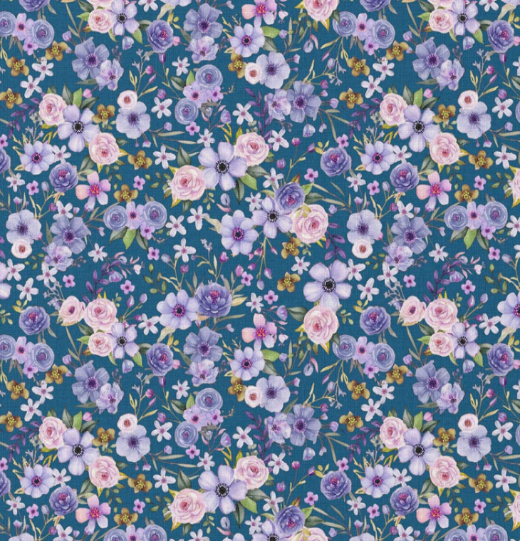 Premium 100% cotton fabric - Flowers on petroleum blue - available online at Šarlotes audumi