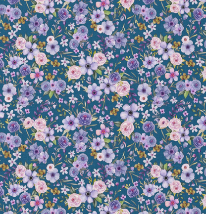 Premium 100% cotton fabric - Flowers on petroleum blue - available online at Šarlotes audumi
