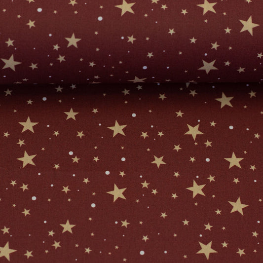 Image avec tissu premium 100 % coton à étoiles sur fond bordeaux, 130 g/m² – disponible en ligne chez Šarlotes audumi