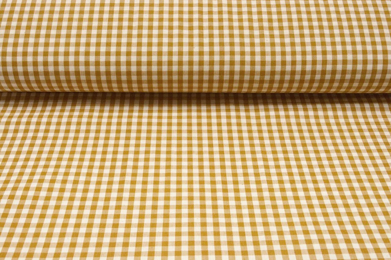 Image de tissu en coton premium à carreaux jaune moutarde – disponible en ligne chez Šarlotes audumi