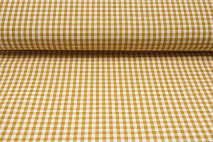Image de tissu en coton premium à carreaux jaune moutarde – disponible en ligne chez Šarlotes audumi
