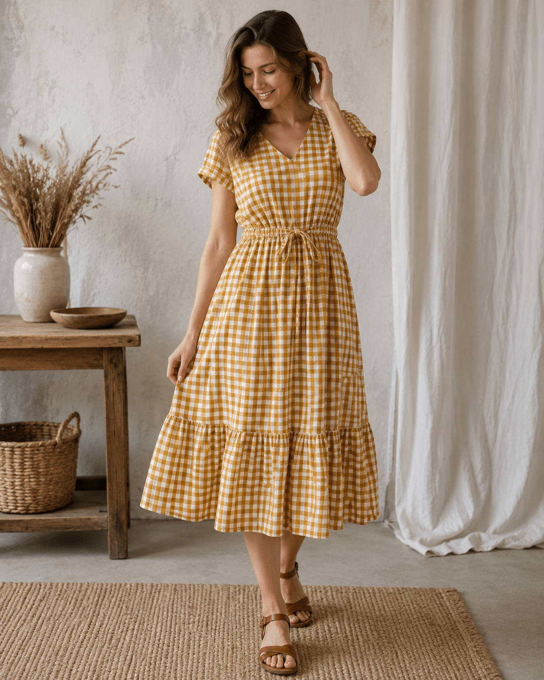 Image avec tissu en coton premium à carreaux jaune moutarde – disponible en ligne chez Šarlotes audumi
