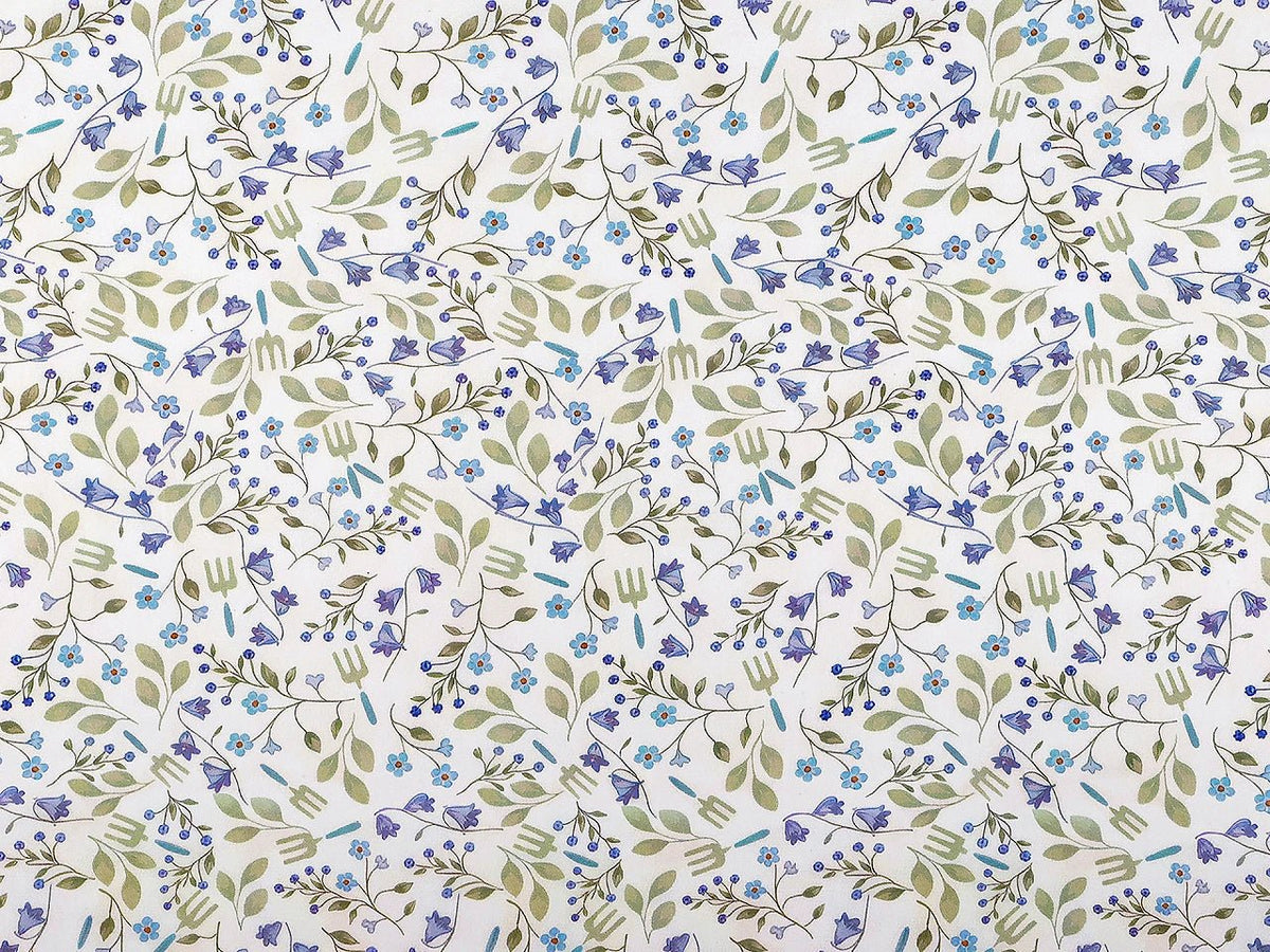 Image of premium lightweight 100% cotton fabric with blue flowers – available online at Charlotte Fabrics