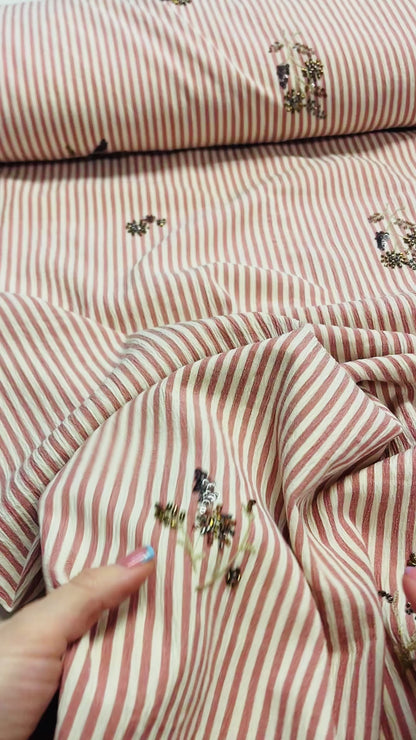 T-shirt fabric with elastane — striped with embroidered beads 135 g/m²