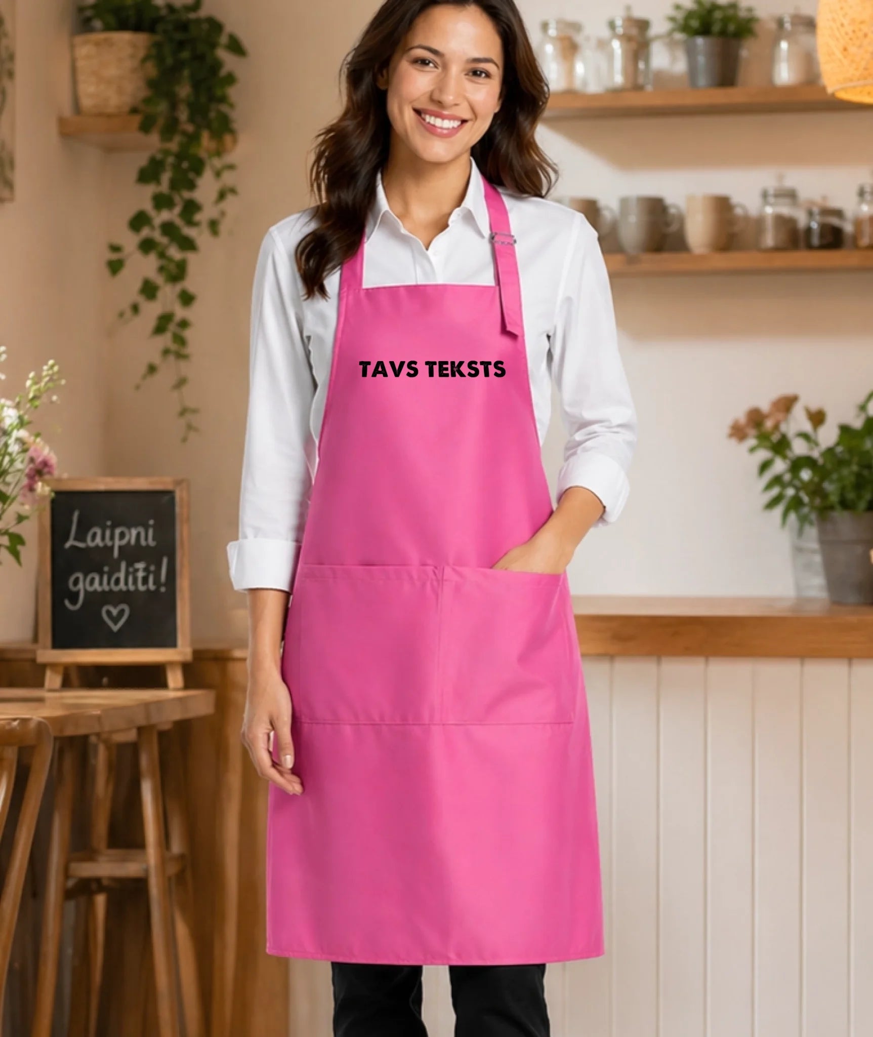 Image of an apron with your text - pink – available from Šarlotes audumi