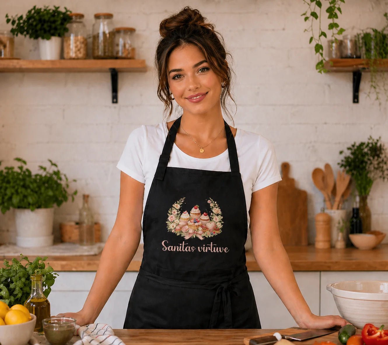Image of a black apron with a personalized name – available from Šarlotes audumi