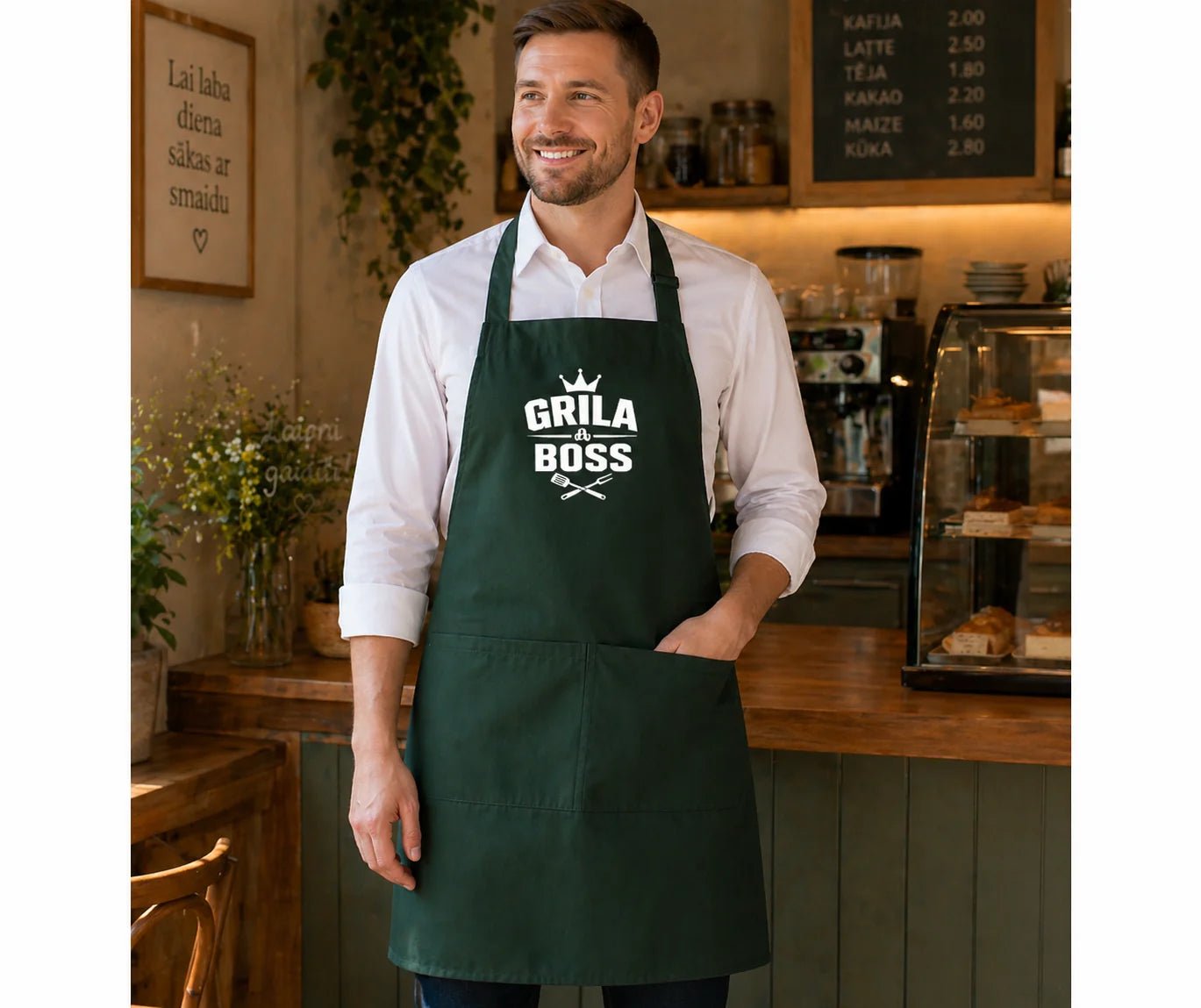 Image avec tablier vert foncé "Grila boss" – disponible chez Šarlotes audumi