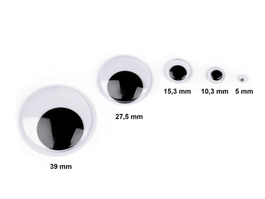 Image avec des yeux de jouet autocollants 5; 10.3; 15.3 mm MIX, 130 pièces – disponible chez Šarlotes audumi