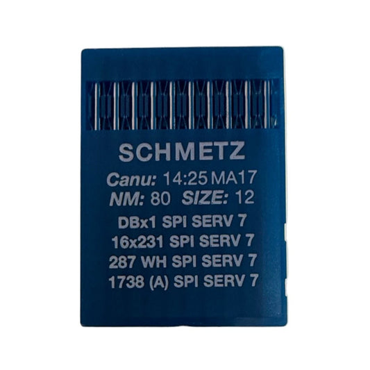 Attēls ar Rūpniecisko šujmašīnu adatas SCHMETZ DBx1 (1738) SPI SERV 7 blīviem un plāniem audumiem - 10 gab. – pieejams Šarlotes audumi