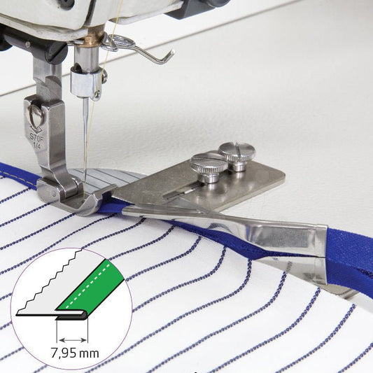 Image of an industrial sewing machine bias binding attachment - for 16 mm tape, finished edge 8 mm – available at Charlotte Fabrics