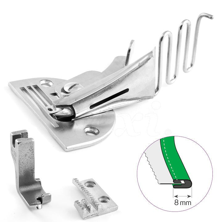 Image with industrial sewing machine bias tape binder - right side, for 30 mm tape, finished edge 8 mm, 90° – available at Šarlotes audumi