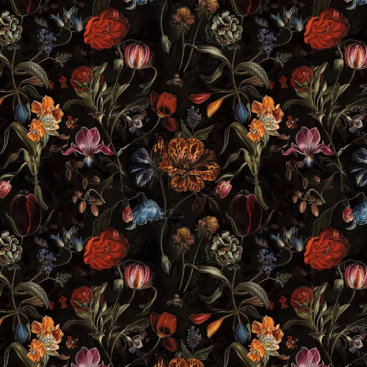 Viscose Gabardine Fabric - Flowers on Black