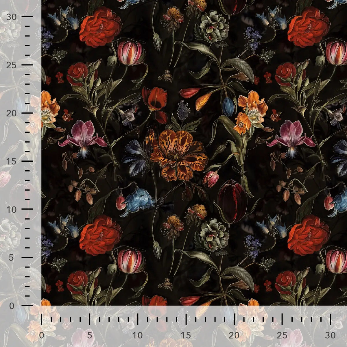 Viscose Gabardine Fabric - Flowers on Black