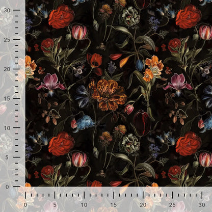 Viscose Gabardine Fabric - Flowers on Black