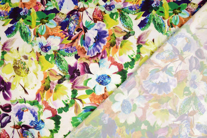 Satin with elastane - English garden flowers 80 g/m²