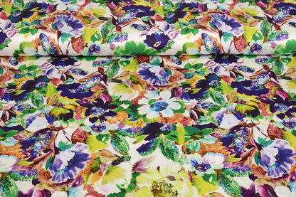 Satin with elastane - English garden flowers 80 g/m²