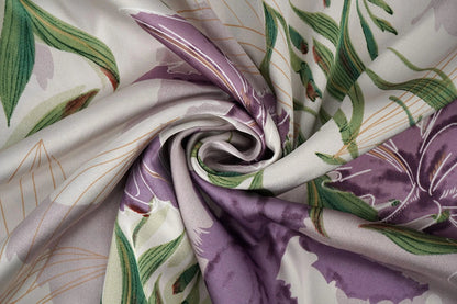 Satin with elastane - lilac orchids 80 g/m²