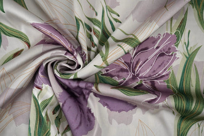 Satin with elastane - lilac orchids 80 g/m²