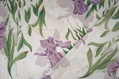 Satin with elastane - lilac orchids 80 g/m²