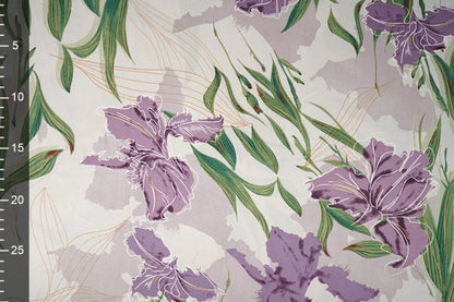 Satin with elastane - lilac orchids 80 g/m²