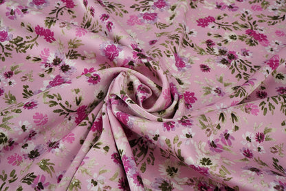 Satin with elastane - flowers on pink 80 g/m²
