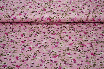 Satin with elastane - flowers on pink 80 g/m²