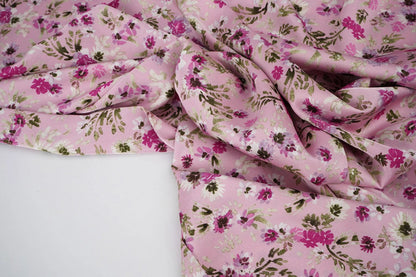 Satin with elastane - flowers on pink 80 g/m²