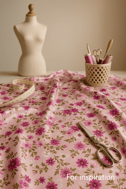 Satin with elastane - flowers on pink 80 g/m²